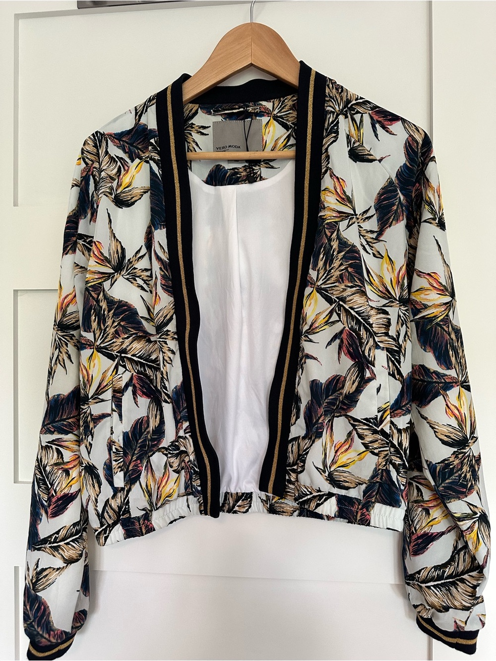 Vero Moda White Floral Bomber Jacket with Black Trim